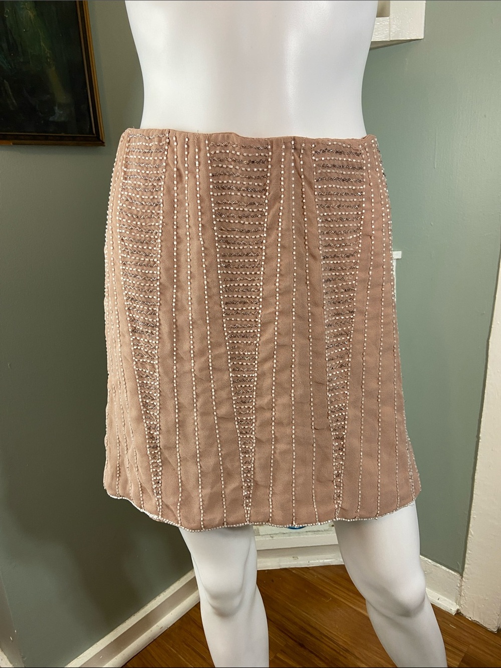 3/$12 LC Lauren Conrad Beaded Blush Tan Mini Skirt Large L Geometric Sheer